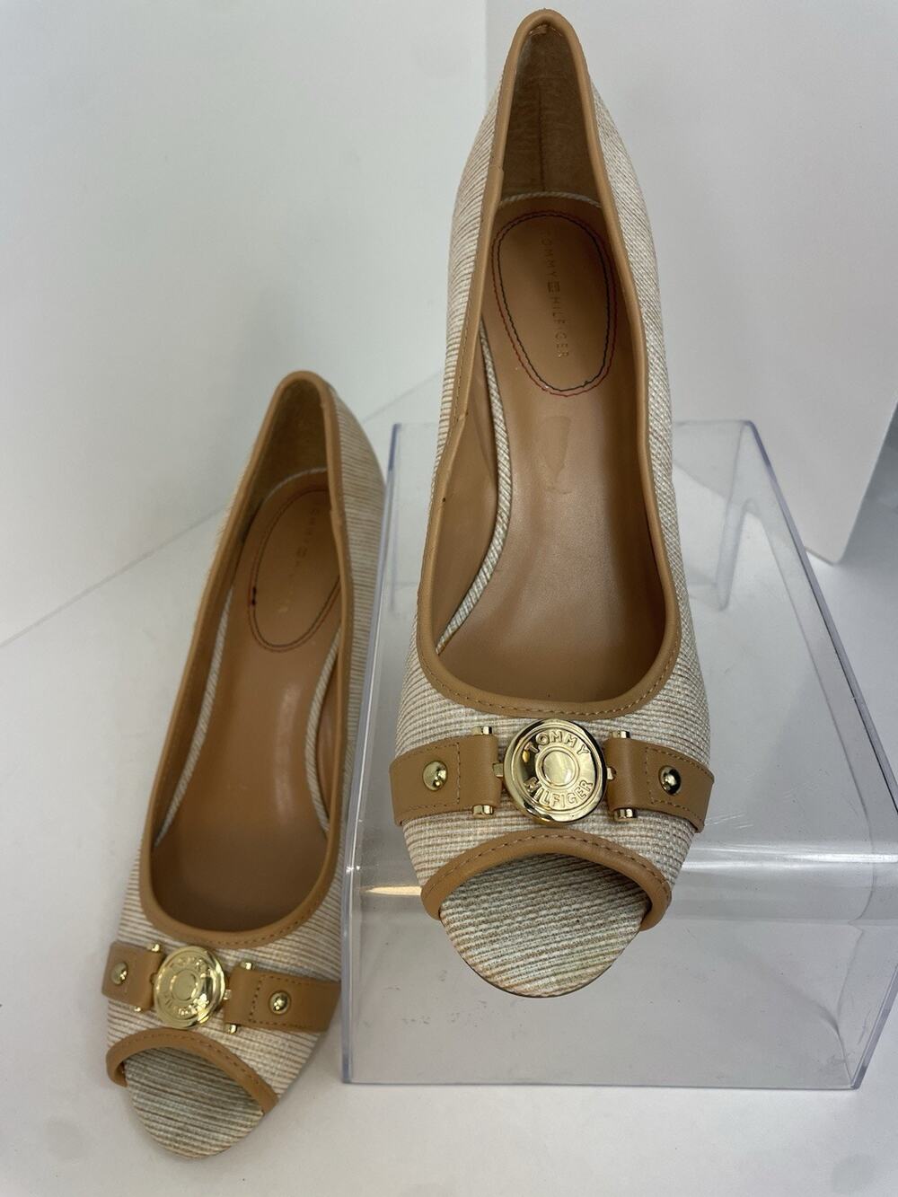 Tommy Hilfiger Womens Tawnisha Size 9.5 Beige Slip On Peep Toe 3.5" Wedge Heels
